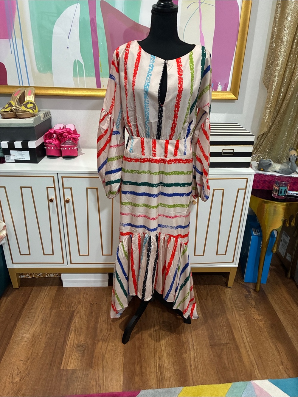 Keyhole Long Sleeve Striped Maxi Dress - Multicolor